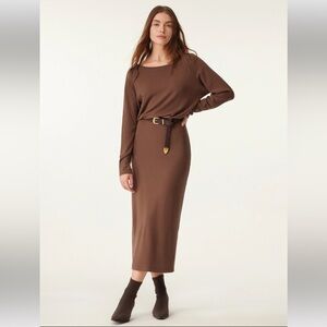 OGL Mid Thermal Relaxed Boatneck Midi Dress brown cinched waist Large NWT